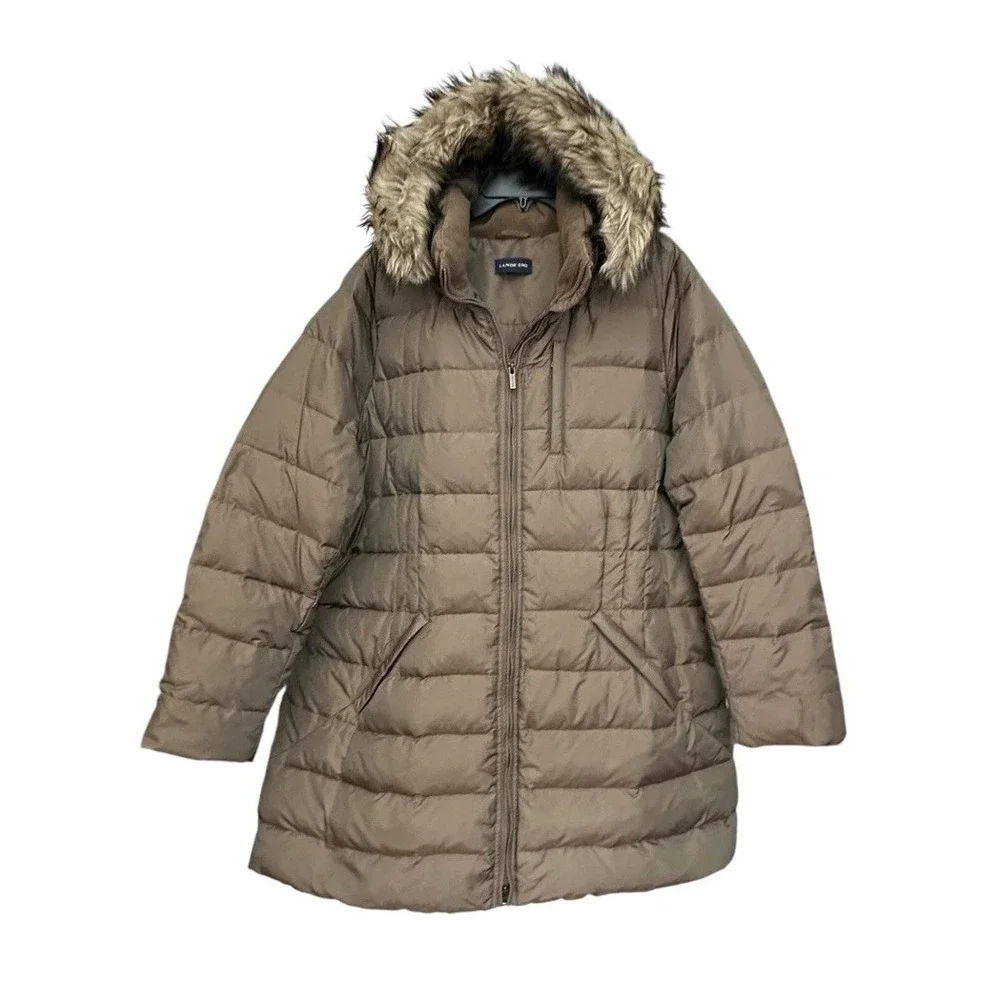 LANDS END COAT Womens 2XL Down‎ Feather Brown Quilted Puffer Jacket Hooded #RR-8